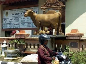 Patung sapi durian dan gong di Desa Mundu.